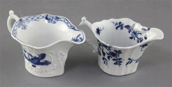 Two Worcester blue and white creamboats in the Bare Tree Pagoda and Prunus Root patterns, c.1754-60, 10.5 and 10cm long